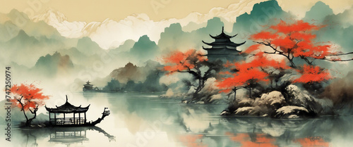 Chinese lake landscape painting in exotic vintage background