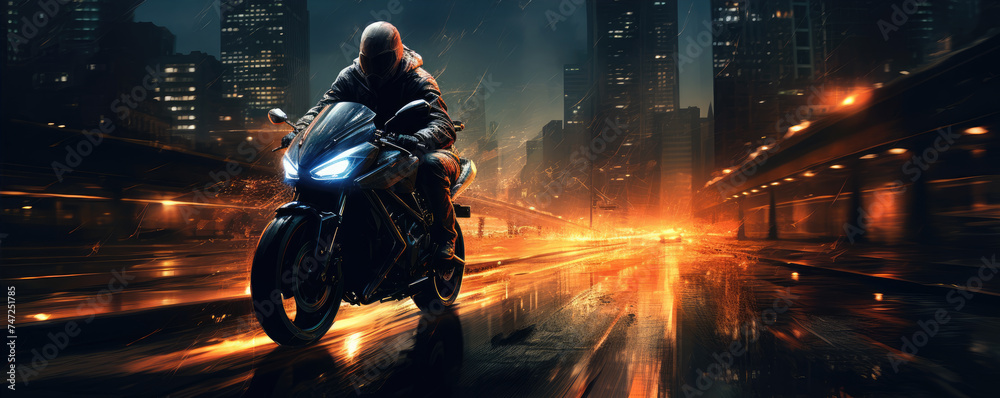 Futuristic drive on motocycle in night city