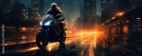 Futuristic drive on motocycle in night city