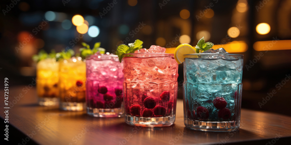 Bar counter in summer beach cafe. Row of glass faceted glasses with multicolored cold alcoholic drinks with ice, berries, fruits. Yellow lemonade with straw. Blue cocktail. Bokeh light. Holiday, party Bar counter in summer beach cafe. Row of glass faceted glasses with multicolored cold alcoholic drinks with ice, berries, fruits. Yellow lemonade with straw. Blue cocktail. Bokeh light. Holiday, party