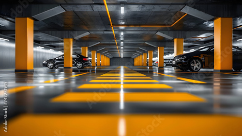 A closed underground parking lot showcases modern cars, and the scene is enhanced by yellow markings. photo