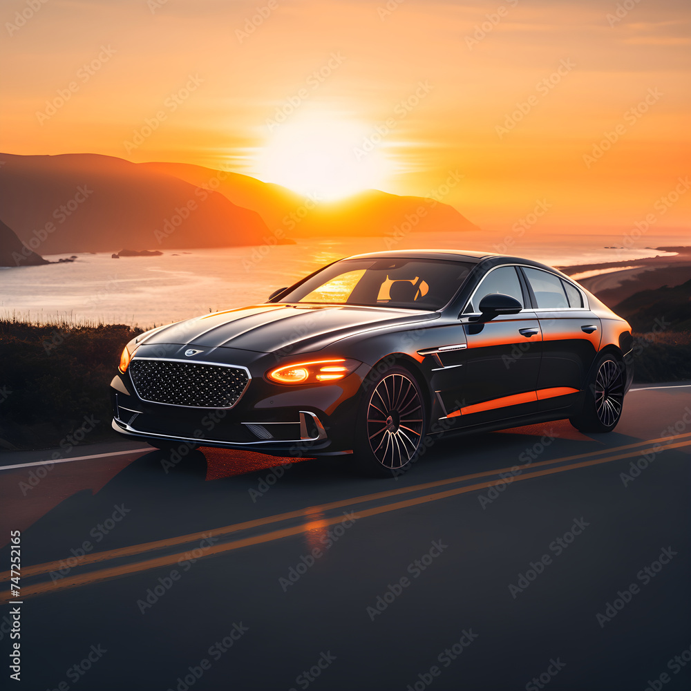 Luxury Sedan Basking in the Warmth of a Coastal Sunset: a Symbol of Modern Design and Technology