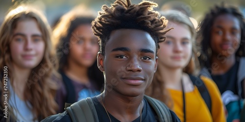 Inclusive Portrait of a Young Black Teacher and a Diverse Group of High School Students. Concept Education, Diversity, Inclusion, Youth, Teacher