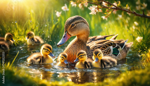 Delightful scene of a duck with ducklings bathing in a pond on a sunny day, showcasing playful wildlife moments and family bonding. photo