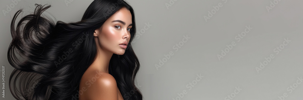 Horizontal banner with copyspace for text. Beautiful tanned young white childless brunette woman with bare shoulders, lush long hair on a gray background. Spanish girl. Concept of March 8, feminism - obrazy, fototapety, plakaty 
