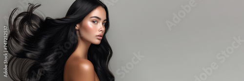 Horizontal banner with copyspace for text. Beautiful tanned young white childless brunette woman with bare shoulders, lush long hair on a gray background. Spanish girl. Concept of March 8, feminism photo