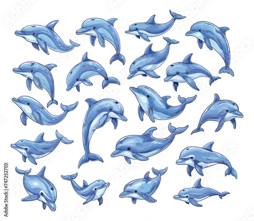 Dolphins in hand drawn cartoon detailed style, vector set. Sea creatures from different angles, inhabitants of the sea and ocean, smart animals, mammals, isolated on white background