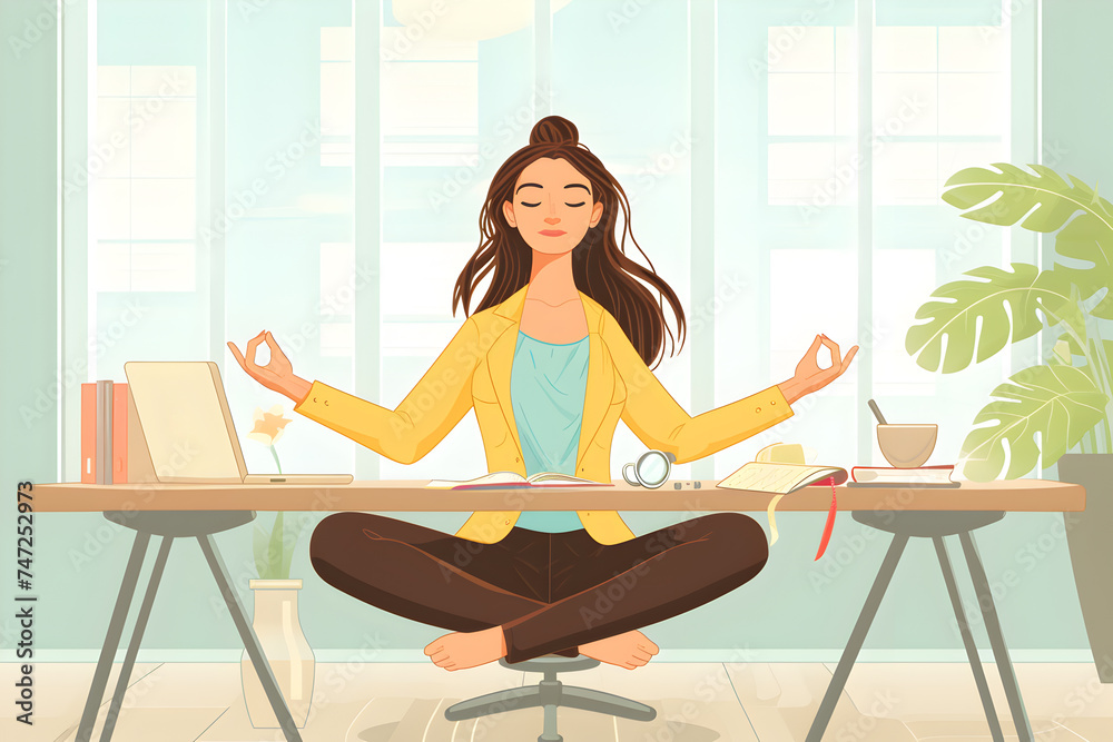 Young female office worker doing yoga at work place Young female office worker doing yoga at work place