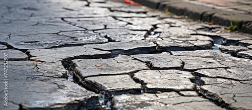 A detailed view of a street surface with numerous cracks indicating damage likely caused by water infiltration or deterioration. The cracks appear to vary in size and depth, suggesting a significant