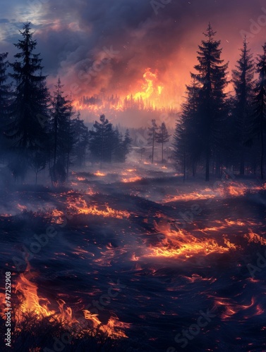 Fire Burning in Forest Painting