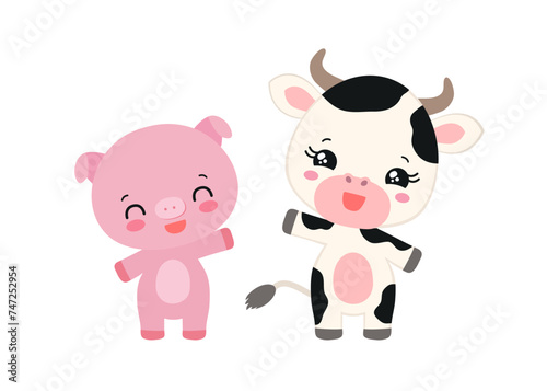 Kawaii cow and pig cute pets chibi animals. Anime asian cartoon style domestic farm animal characters. Adorable calf and piglet smiling waving. Little baby cow and piggy children vector illustration.