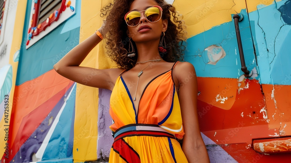 Fototapeta premium Woman in Colorful Dress Posing Next to Graffiti-like Wall