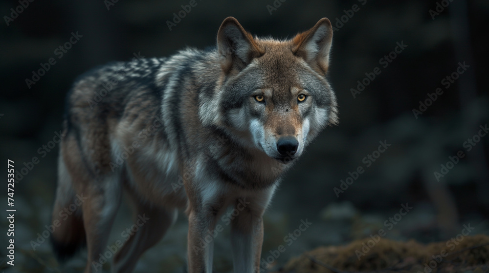 A wolf standing attentively in a forest environment with dappled sunlight.
