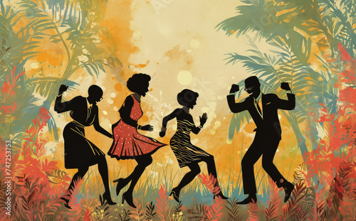 Illustration of a group of African Americans happily dancing, Black History Month Wallpaper
