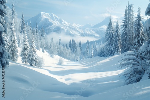 Snowy Landscape With Trees and Mountains