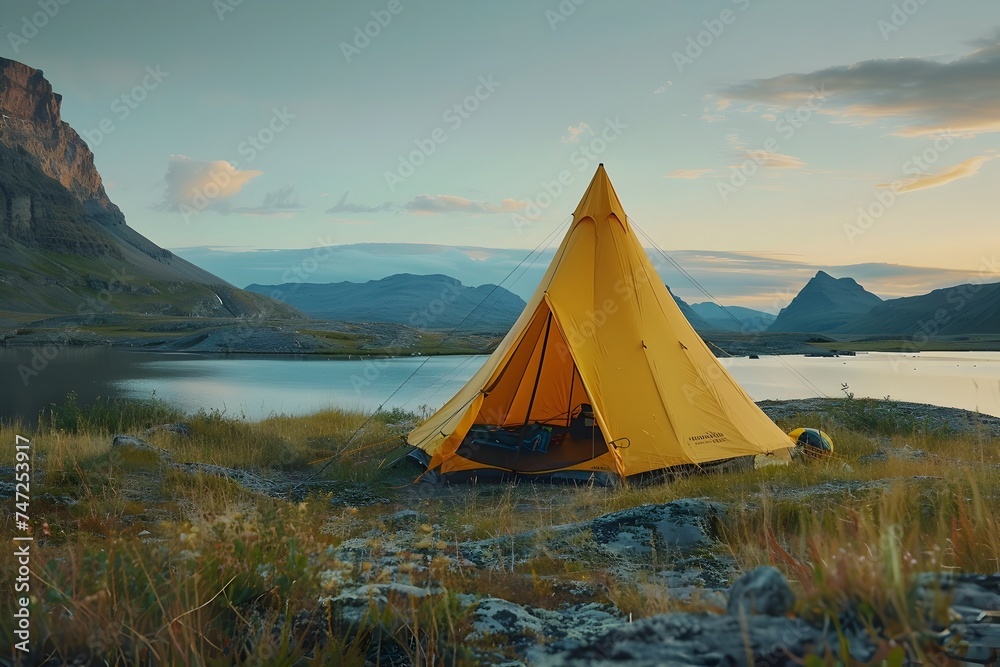 Yellow Tent by a Mountain Lake in the Icelandic Wilderness