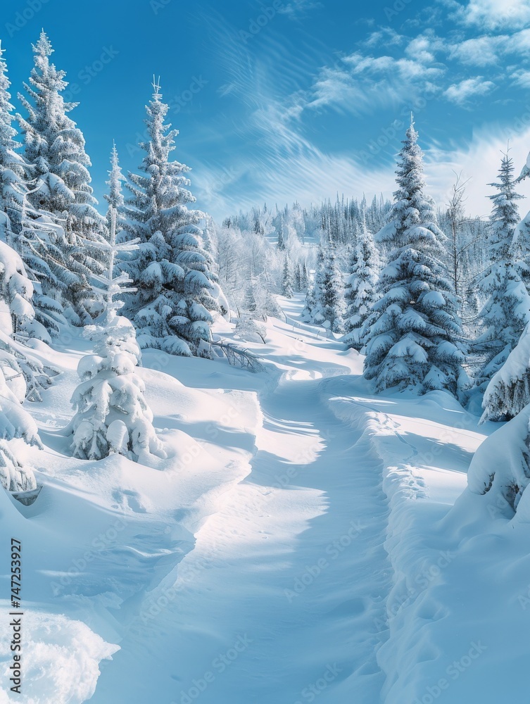 Fototapeta premium Snow Covered Forest With Abundant Trees