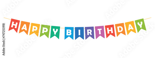 happy birthday bunting garland, colorful pennants with white letters, party lettering banner, birthday card, vector illustration