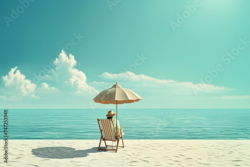 a person sitting in a chair under an umbrella on a beach