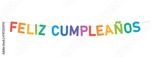 happy birthday in spanish, feliz cumpleanos garland, colorful party bunting, big letters hanging on a string, vector illustration