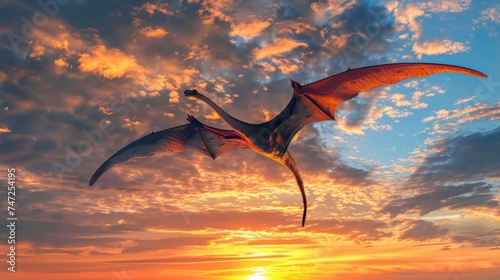 AI-generated majestic dinosaurs in a prehistoric landscape. Pterodactyl. Vivid colors and details bring these ancient creatures to life.