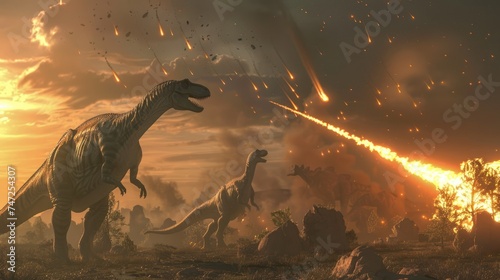 AI-generated majestic dinosaurs in a prehistoric landscape. Global Earth disaster. The concept of dinosaur extinction.