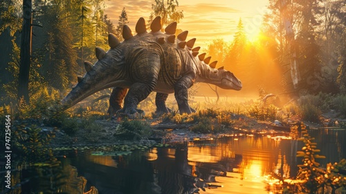 AI-generated majestic dinosaurs in a prehistoric landscape. Stegosaurus. Vivid colors and intricate details bring these ancient creatures to life. The concept of time when dinosaurs ruled the Earth. © Acronym