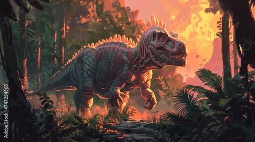 AI-generated majestic dinosaurs in a prehistoric landscape. Tyrannosaurus, t-rex. The concept of time when dinosaurs ruled the Earth. © Acronym