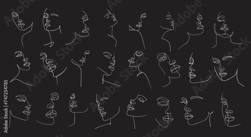 Set of portraits. Simple, minimalist vector illustration of beautiful woman face. Line drawing.