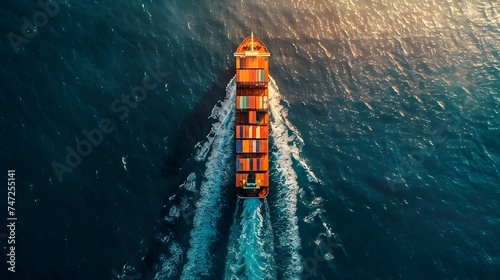 Aerial View of Cargo Ship Sailing on Ocean at Sunrise