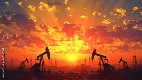 Oil Field and Sunset Digital Art Landscape
