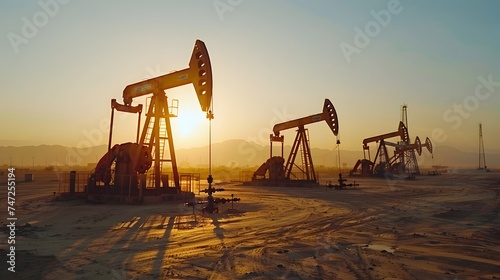 Oil Pumps in a Desert at Sunset in Bold Chromaticity