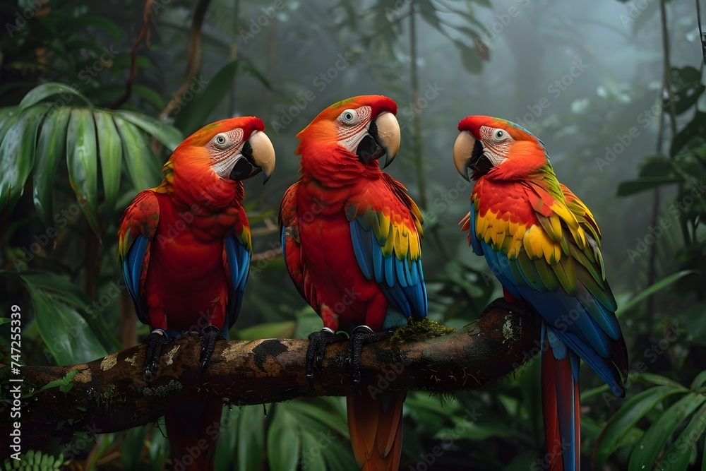 Three Colorful Parrots in the Rainforest