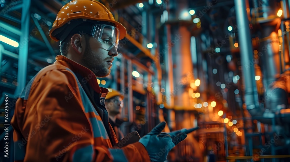 Industrial Worker Checking Mobile Device in Atmospheric Orange Setting