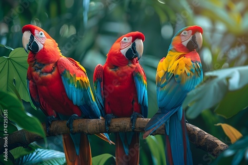 Three Colorful Parrots Perched on a Branch in the Rainforest © kiatipol