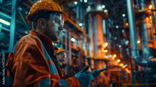 Industrial Worker Checking Mobile Device in Atmospheric Orange Setting