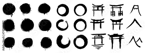 Black brushes and other design elements, handdrawn black ink in traditional Japanese style sumi. Vector illustration