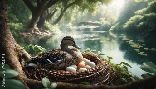 Serene scene of a duck guarding her nest with eggs at a pond corner, capturing tranquil wildlife moments of motherhood and new life. 
