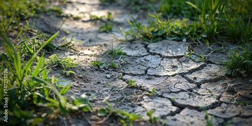 Dried, cracked earth and green grass around the edges, concept of Climate change