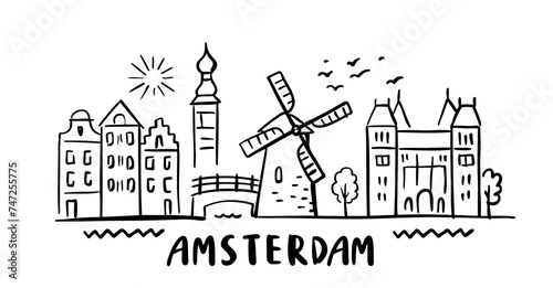 Amsterdam sketch City Skyline with Typographic. Vector cityscape with famous landmarks. Illustration for prints on bags, posters, cards. photo