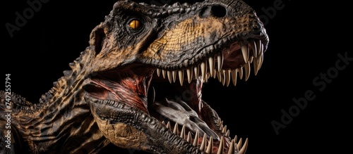 A predatory Tyrannosaurus Rex exhibits its powerful jaws as it opens its mouth wide, revealing sharp teeth. The dinosaurs menacing posture evokes a sense of danger and strength. © AkuAku