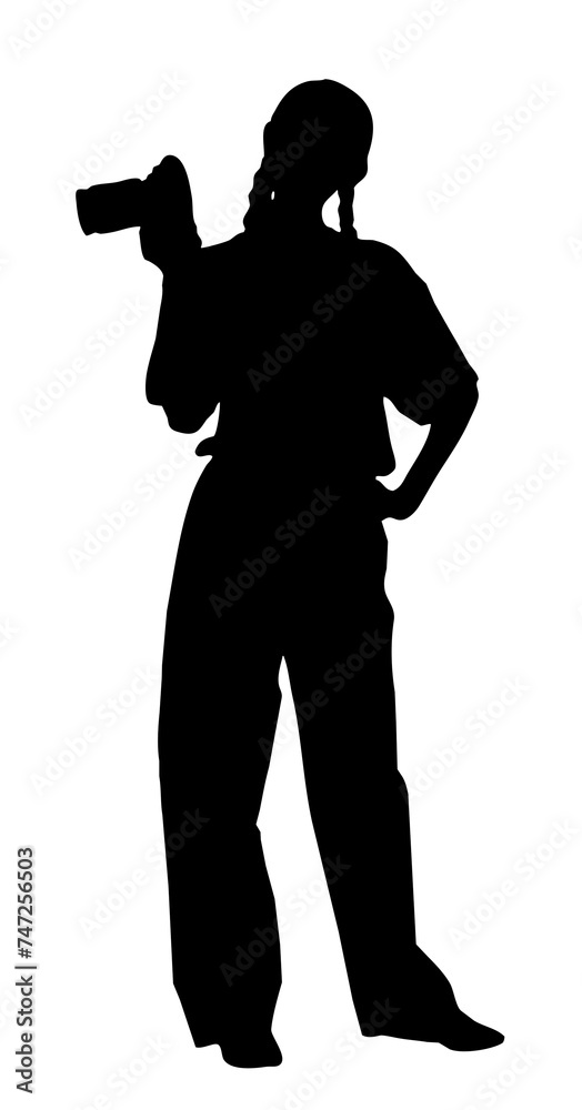 portrait silhouette of a young woman photographer holding a camera ( clipping path )