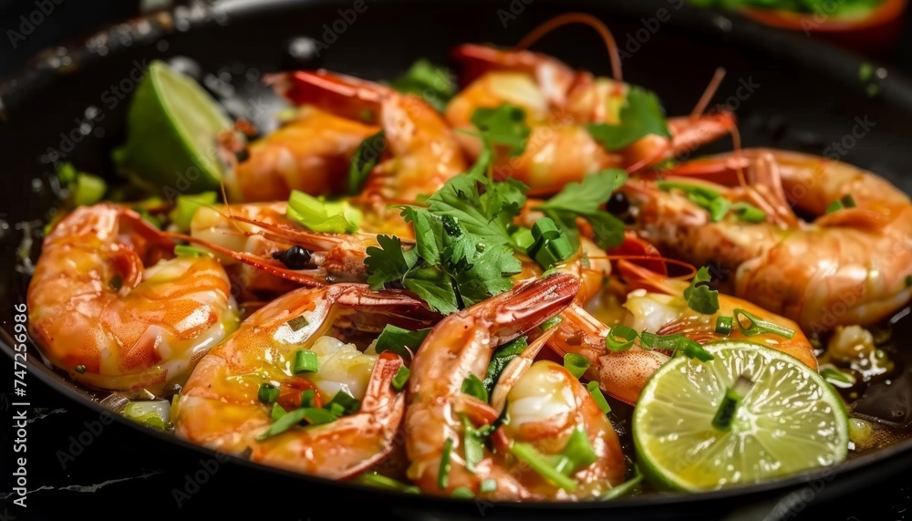 Lime seasoned shrimp sizzling in a pan, mexican food stock photo