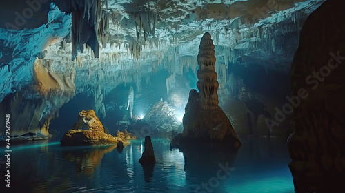 Limestone Caves in Vietnam, Showing Stalactites and Stalagmites. Concept of cave formations, geological wonders, and underground environments