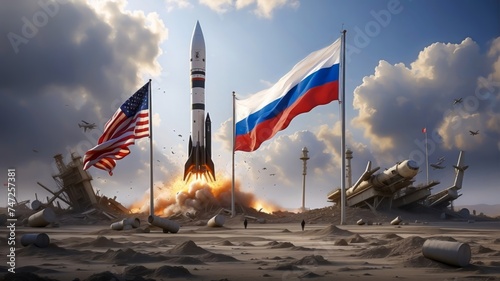 Russian and American Flags and Rockets. The Beginning of the Cold War. Mass Armament. War Games. Military Rivalry, International Conflict.