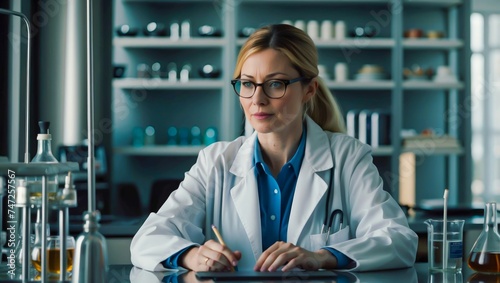Modern Medical Laboratory with a Beautiful Young Woman Scientist in a White Coat. Women Doctor in the Laboratory. Professional Working in a Laboratory and Scientific Environment. Biochemistry.