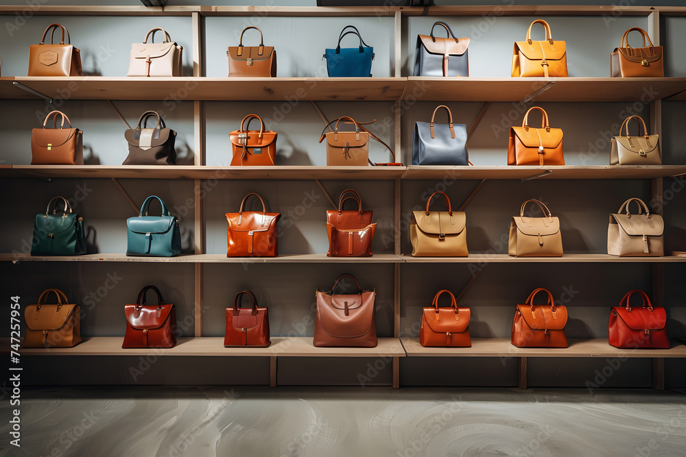Retail warehouse, designer bags on wooden shelves, minimalist style, emphasis on texture, color, craftsmanship