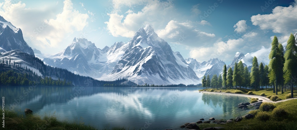 A painting depicting a mountain lake nestled among a dense forest of trees. The vibrant colors capture the essence of the serene scene, with the crystal-clear lake reflecting the towering mountains in