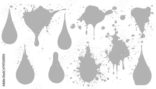 set collection of white ink Splatter, ink brush strokes, brushes, lines, grungy. Dirty artistic design elements, inked splatter dirt stain splattered spray splash with drops blots.