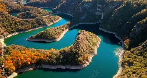 Aerial nature autumn landscape flight over picturesque impressive canyon river mountains forests meadows